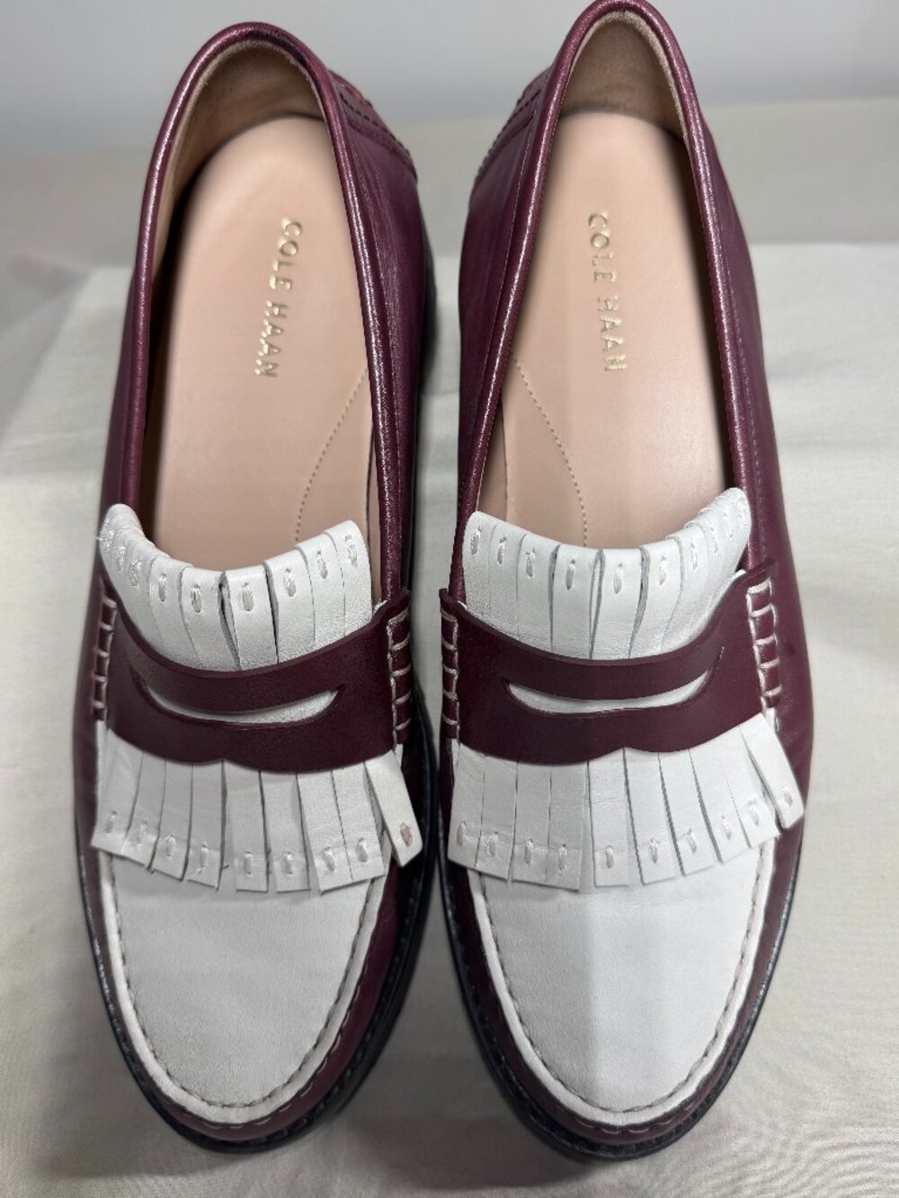 Cole Haan Women's Kiltie Loafers White and Burgandy Size 10B